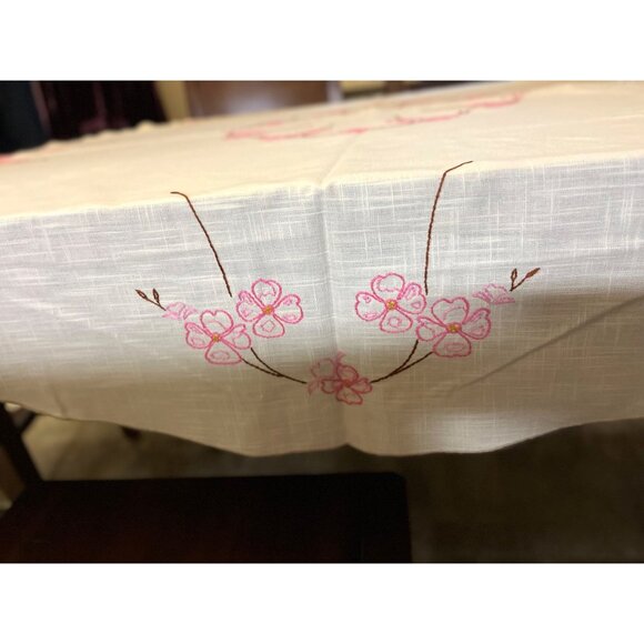 Vintage Handmade Round Tablecloth Used Cream with Pink and Brown - Picture 5 of 16